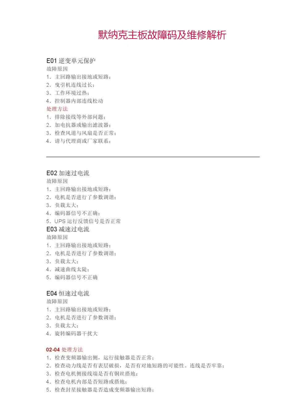 默纳克nice3000控制系统故障代码及处理方法